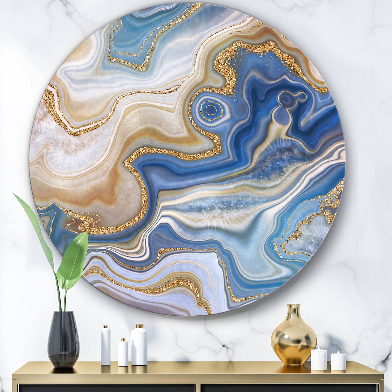 Designart - Ocean Blue Golden Jasper Agate II - Modern Round Circle Metal Wall Decor